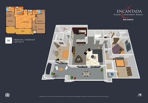 Encantada Rita Ranch 3C Bed floor plan 3D rendering, with  2D image on top left hand corner.